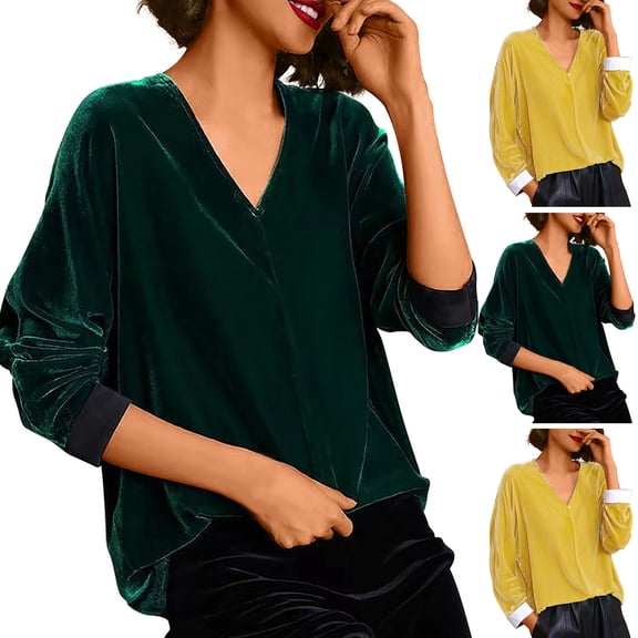Kinrui Womens Velvet Tops Loose Fit V Neck T-Shirts Long Sleeve Tees Fall Spring Casual Fashion Dressy Blouses Work Tshirts Yellow,XL