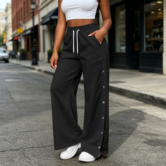 Kinrui Womens Wide Leg Sweatpants Side Snap Baggy Drawtring Track Pants with Pocket Black 2XL