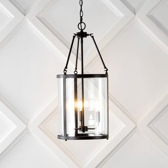 JONATHAN Y Kinsley 12" 3-Light Industrial Farmhouse Iron/Glass LED Pendant, Oil Rubbed Bronze/Clear