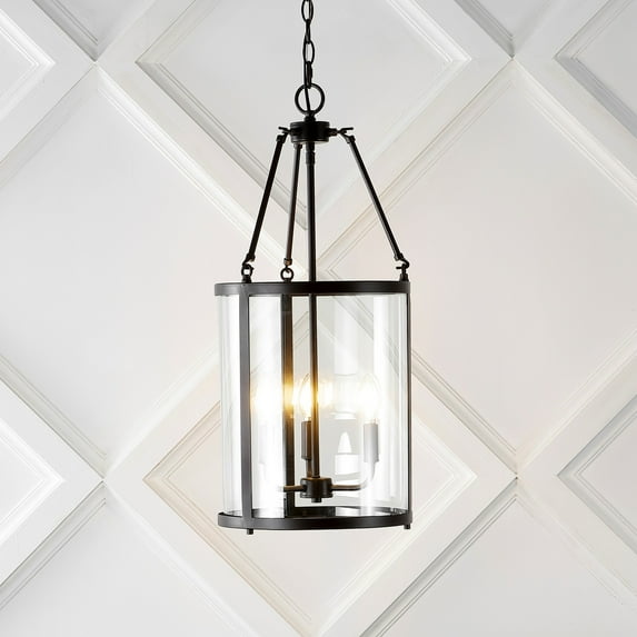 JONATHAN Y Kinsley 12" 3-Light Industrial Farmhouse Iron/Glass LED Pendant, Oil Rubbed Bronze/Clear