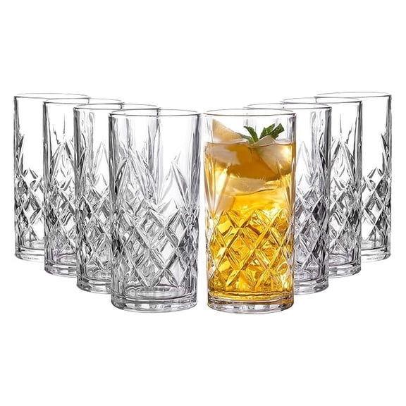Kinsley Tall Highball Glasses Set of 8, 12 Ounce Cups, Textured Designer Glassware for Drinking Water, Beer, or Soda, Trendy and Dishware, Dishwasher Safe (Hiball)