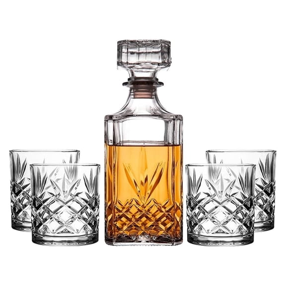 Kinsley Whiskey Glasses Set with Decanter for , Bourbon, Cognac, and Liquor, Classic 5-Pc. Glass Bundle for Serving Alcohol, Pull Top Drink Stopper