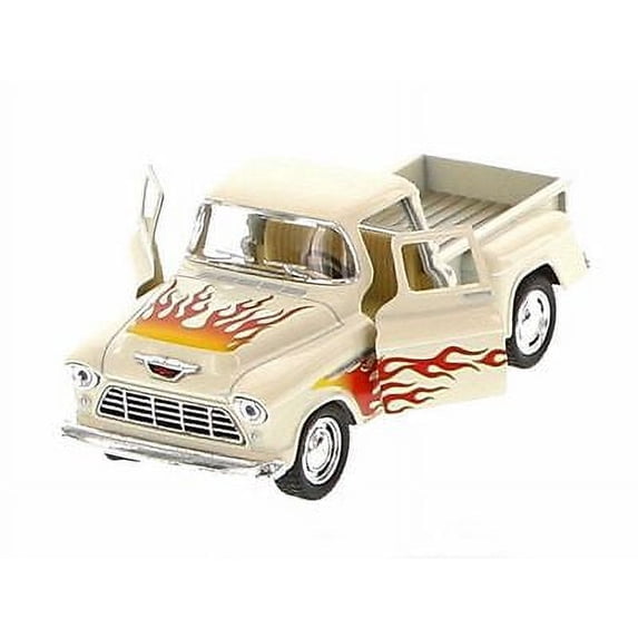 Kinsmart 1955 Chevrolet Stepside Pickup w/ Flames 1:32 Diecast Toy Truck Cream