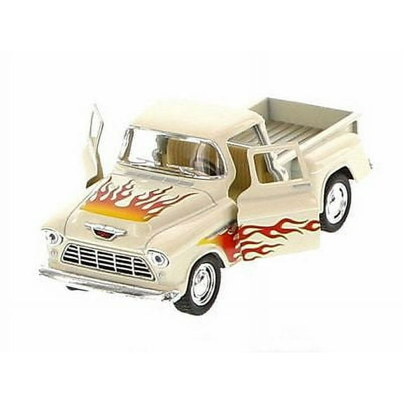Kinsmart 1955 Chevrolet Stepside Pickup w/ Flames 1:32 Diecast Toy Truck Cream