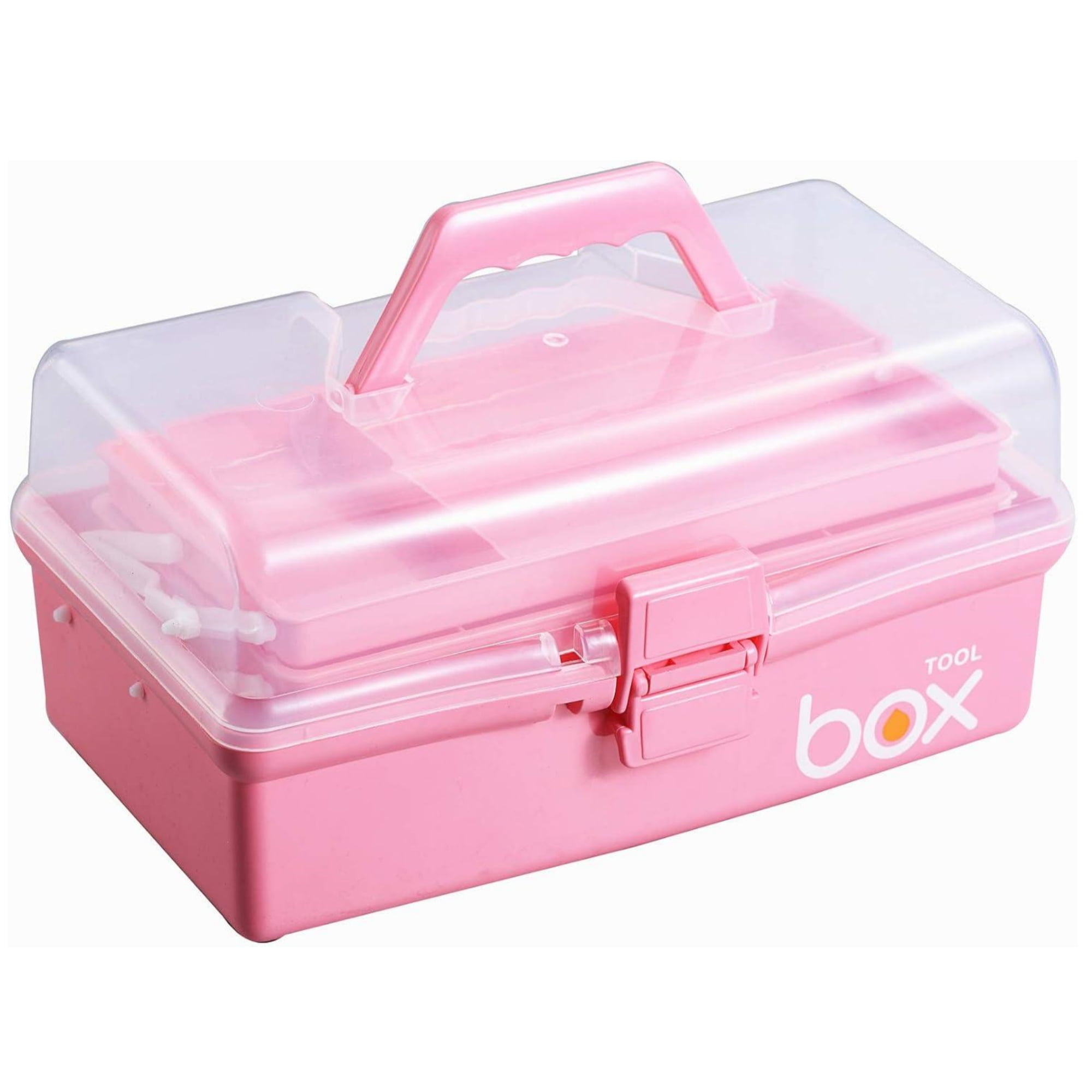 Kinsorcai 12'' Three-Layer Clear Plastic Storage Box with Handle, Craft Tool Box, 3 Layer Pink Tackle Box for Women, Organizer Box for Sewing Art and Cosmetic (Pink)