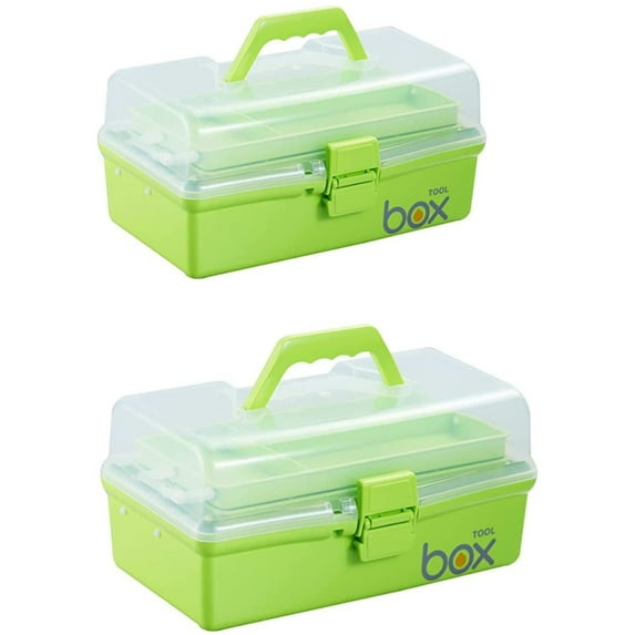 Kinsorcai 2PCS 12'' Three-Layer Clear Plastic Storage Box/Tool Box, Multipurpose Organizer and Portable Handled Storage Case for Art Craft and Cosmetic (Green)