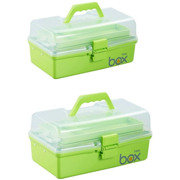 Kinsorcai 2PCS 12'' Three-Layer Clear Plastic Storage Box/Tool Box, Multipurpose Organizer and Portable Handled Storage Case for Art Craft and Cosmetic (Green)