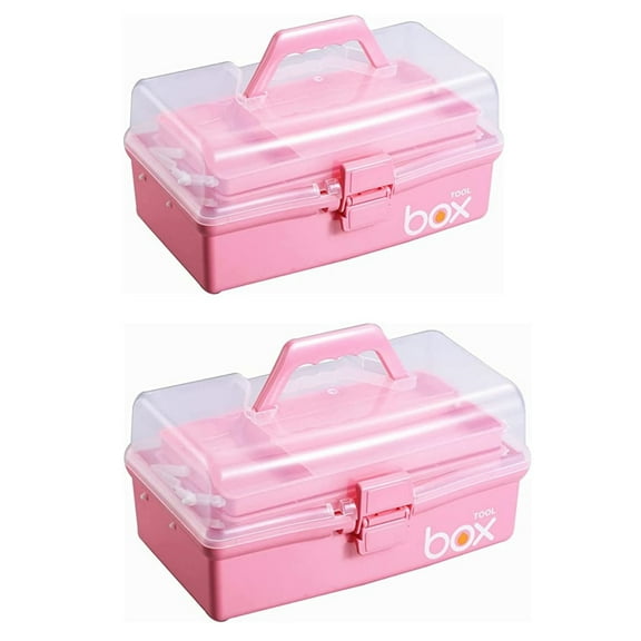 Kinsorcai 2PCS 12'' Three-Layer Clear Plastic Storage Box/Tool Box, Multipurpose Organizer and Portable Handled Storage Case for Art Craft and Cosmetic (Pink)