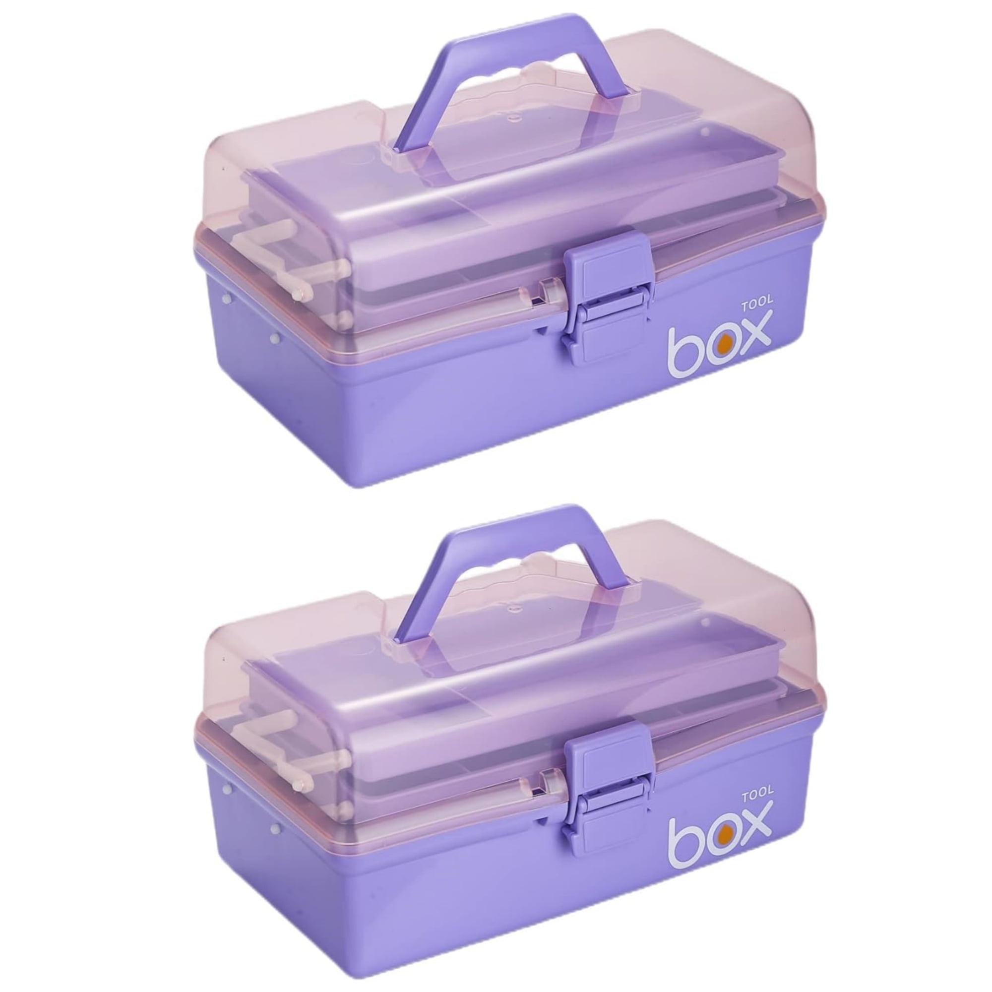 Kinsorcai 2PCS 12'' Three-Layer Clear Plastic Storage Box/Tool Box, Multipurpose Organizer and Portable Handled Storage Case for Art Craft and Cosmetic (Purple)