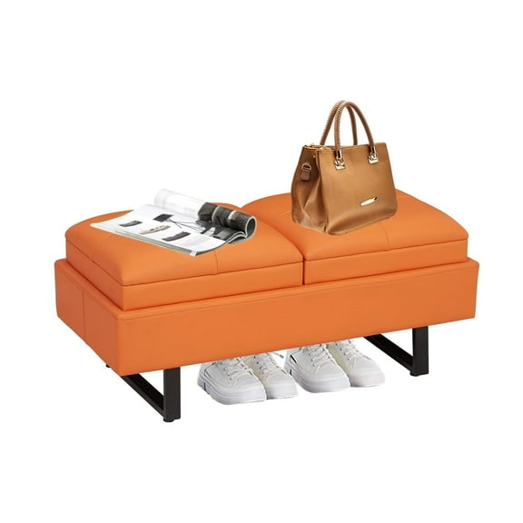 Kinsuite 2-Seat Reception Bench with Thickened Cushion - PU Leather Waiting Room Bench Lobby Bench Waiting Chair for Office Barber Store Nail Salon, Orange