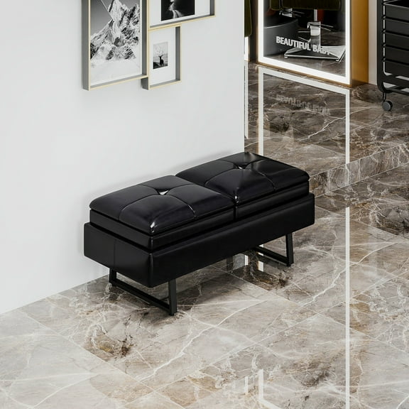 Kinsuite 2-Seat Waiting Room Bench - Office Waiting Room Chairs Leather Bench Waiting Room Furniture Modern Entryway Bench with Thickened Cushion for Office Barber Store Nail Salon, Black