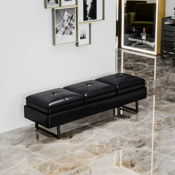 Kinsuite 3-Seat Waiting Room Bench - Office Waiting Room Chairs Leather Bench Waiting Room Furniture Modern Entryway Bench with Thickened Cushion for Office Barber Store Nail Salon, Black