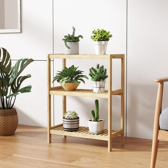 Kinsuite 3-Tier Bamboo Shelf - Plant Flower Stand, Storage Rack, Disply Shelf for Bathroom Kitchen Living Room, Natural