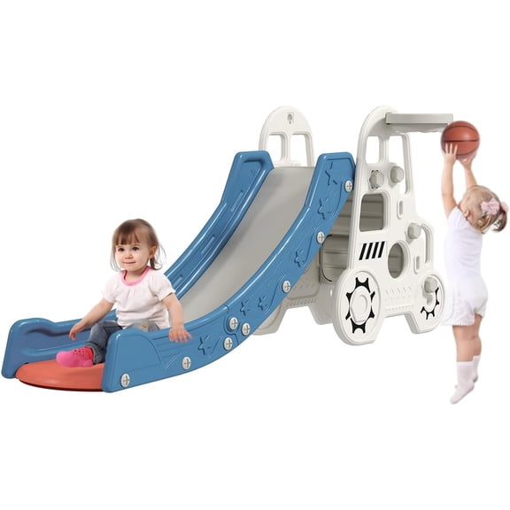 4-in-1 Toddler Slide Playset - Indoor/Outdoor Slide, Basketball Hoop & Climber, Safe Enclosed Steps & Anti-Slip Design, Multi-Activity Playset for Toddlers, Blue