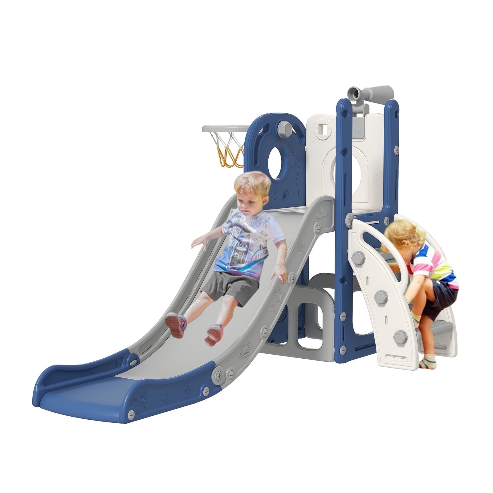 Kinsuite 6-in-1 Kids Slide for Toddlers 1-3 - Toddler Climbing Toys Indoor, Stair Slide with Basketball Hoop,Telescope & Storage Space, Indoor Outdoor Playground (Blue)