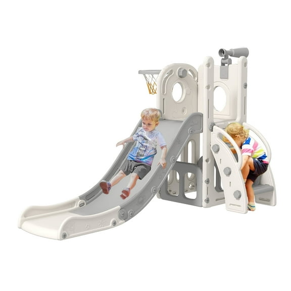 Kinsuite 6-in-1 Kids Slide for Toddlers 1-3 - Toddler Climbing Toys Indoor, Stair Slide with Basketball Hoop,Telescope & Storage Space, Indoor Outdoor Playground (Grey)