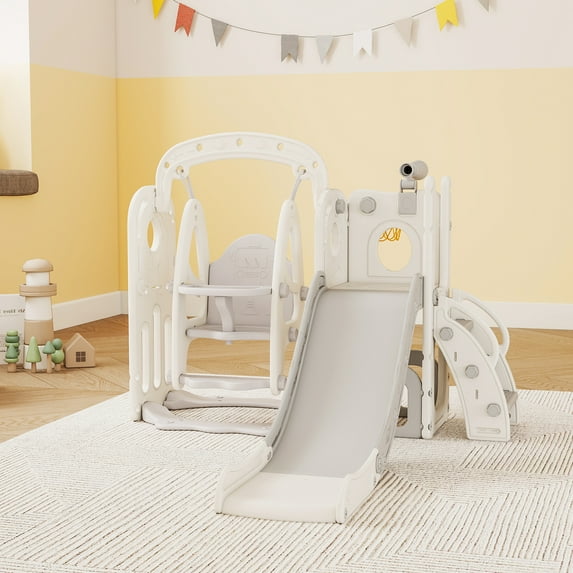 Kinsuite 7-in-1 Toddler Swing & Slide Set - Kids Slide for Toddlers 1-3 with Basketball Hoop, Swing, Ball, Storage Space & Telescope, Indoor & Outdoor Playground Playset (Grey)