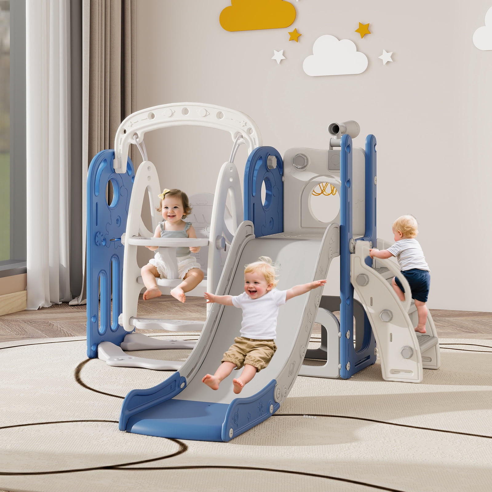 Kinsuite 7-in-1 Toddler Swing & Slide Set - Kids Slide for Toddlers 1-3 with Basketball Hoop, Swing, Ball, Storage Space & Telescope, Indoor & Outdoor Playground Playset (Blue)