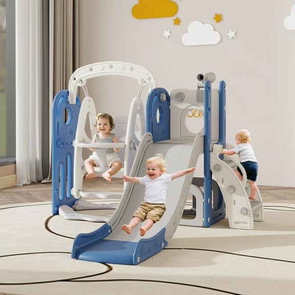 Kinsuite 7-in-1 Toddler Swing & Slide Set - Kids Slide for Toddlers 1-3 with Basketball Hoop, Swing, Ball, Storage Space & Telescope, Indoor & Outdoor Playground Playset (Blue)