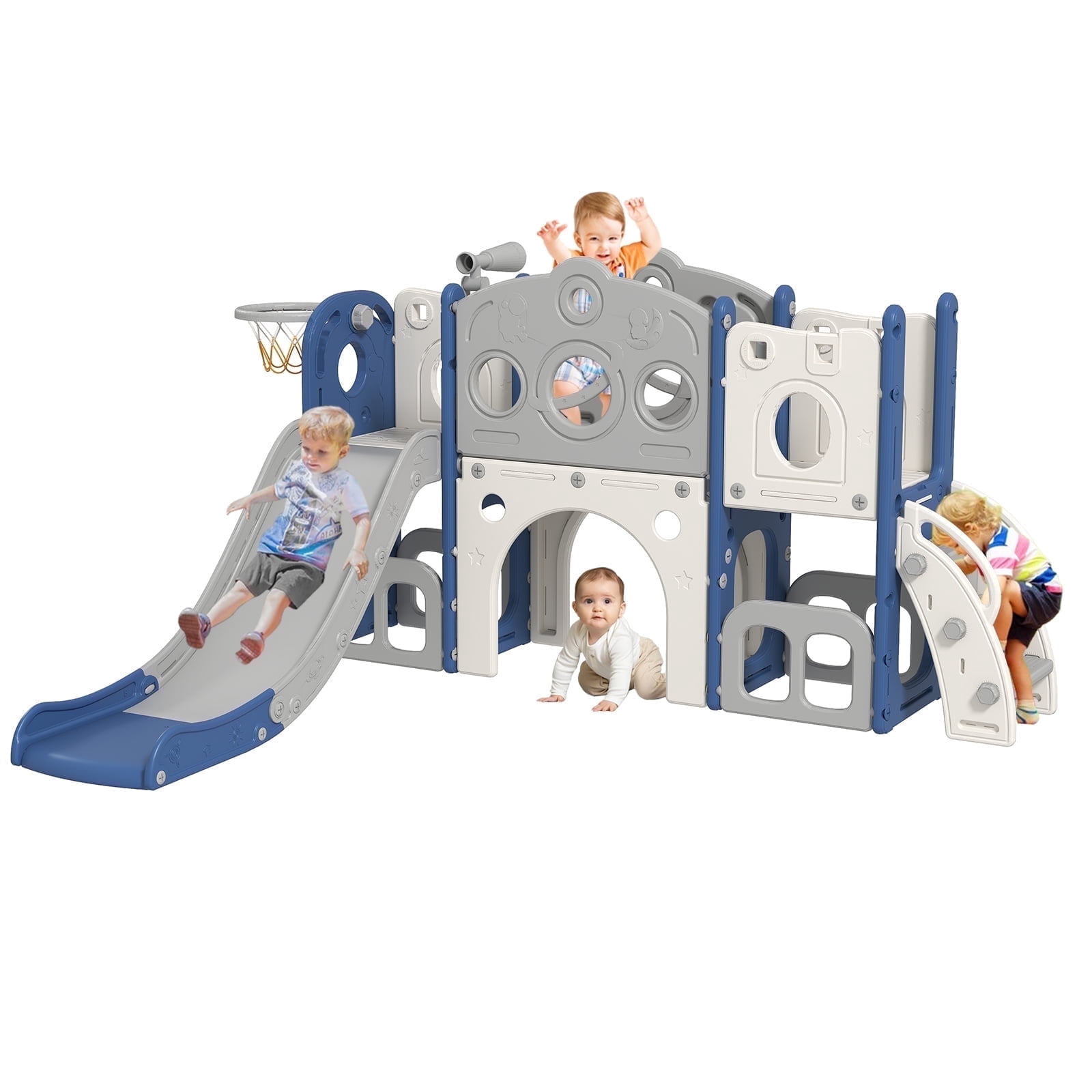Kinsuite 8-in-1 Toddler Slide Set - Kids Slide for Toddlers 1-3 with Basketball Hoop, Ball, Storage Space & Telescope, Astronaut-Themed Indoor & Outdoor Playground Playset (Blue)