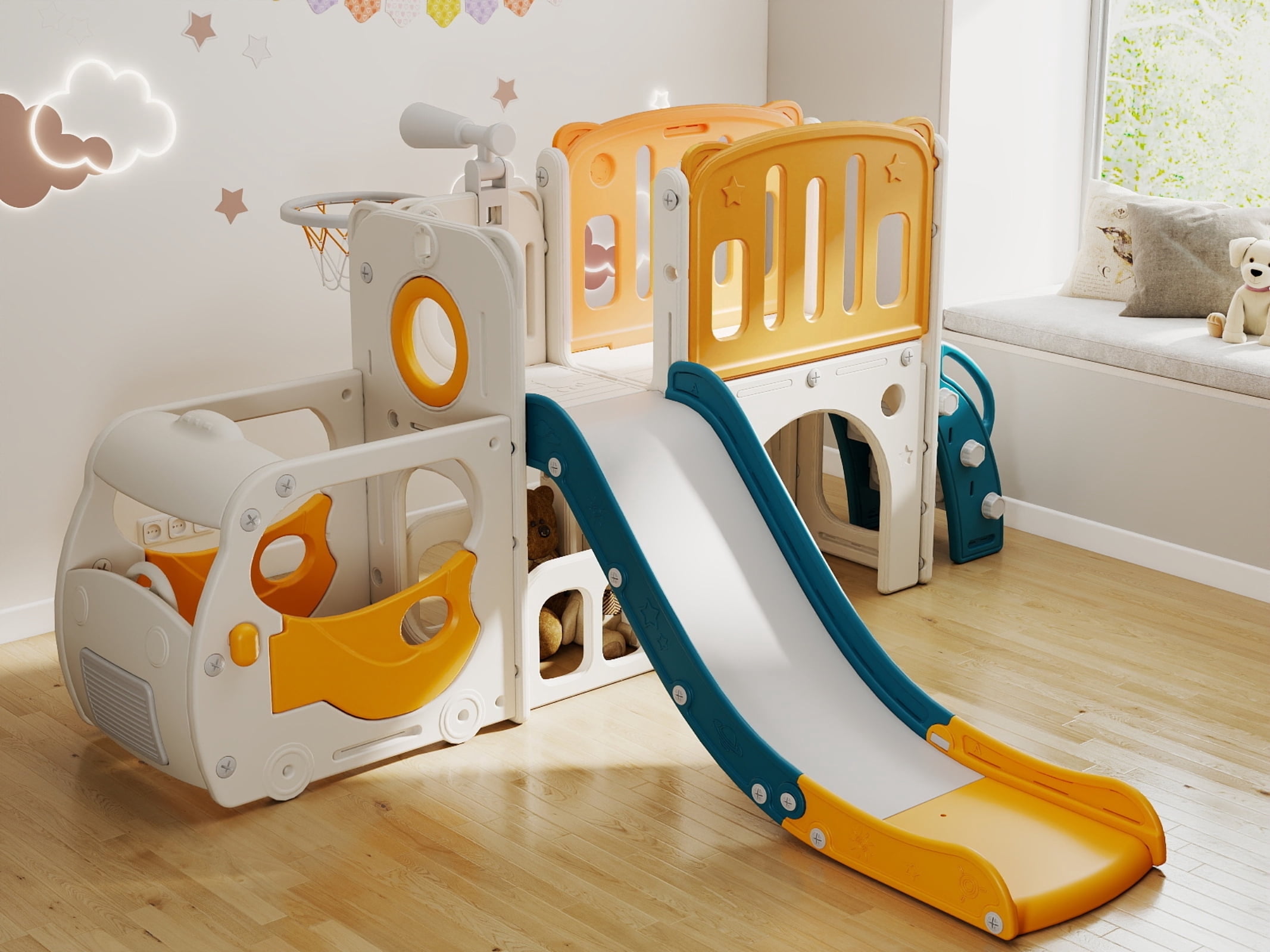Kinsuite 8-in-1 Toddler Slide Set - Kids Slide for Toddlers 1-3 with Basketball Hoop, Car, Ball, Storage Space & Telescope, Driving-Themed Indoor & Outdoor Playground Playset (White & Orange)