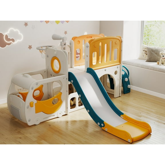 Kinsuite 8-in-1 Toddler Slide Set - Kids Slide for Toddlers 1-3 with Basketball Hoop, Car, Ball, Storage Space & Telescope, Driving-Themed Indoor & Outdoor Playground Playset (White & Orange)