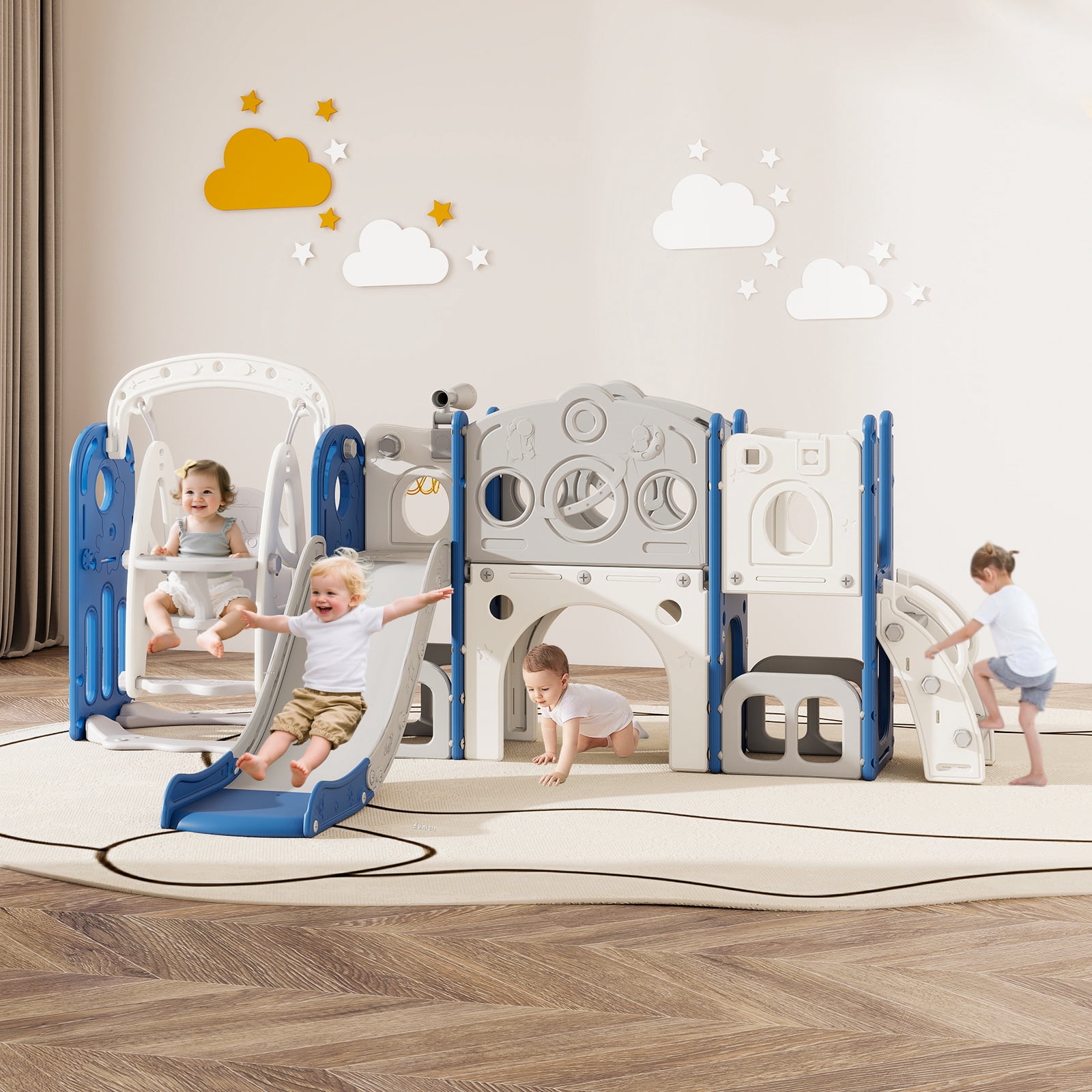 Kinsuite 9-in-1 Toddler Swing & Slide Set - Kids Slide for Toddlers 1-3 with Basketball Hoop, Swing, Ball, Storage Space & Telescope, Indoor & Outdoor Playground Playset (Blue)