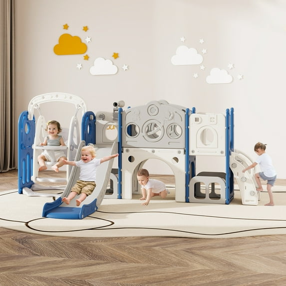 Kinsuite 9-in-1 Toddler Swing & Slide Set - Kids Slide for Toddlers 1-3 with Basketball Hoop, Swing, Ball, Storage Space & Telescope, Indoor & Outdoor Playground Playset (Blue)