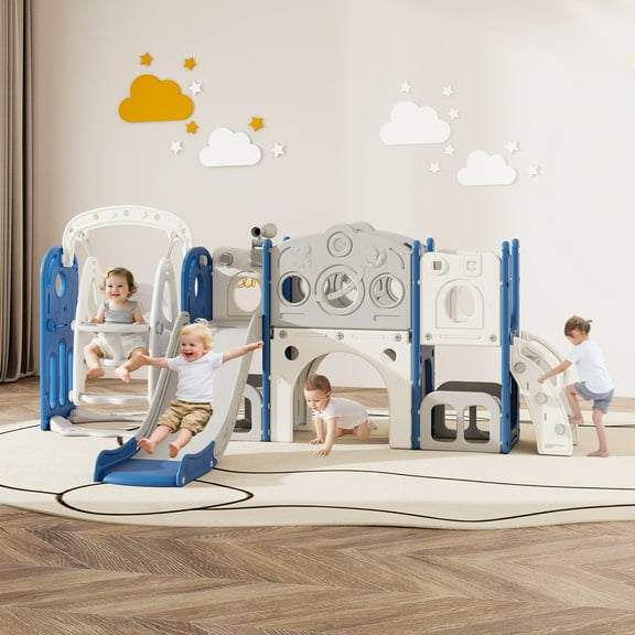 Kinsuite 9-in-1 Toddler Swing & Slide Set - Kids Slide for Toddlers 1-3 with Basketball Hoop, Swing, Ball, Storage Space & Telescope, Indoor & Outdoor Playground Playset (Blue)