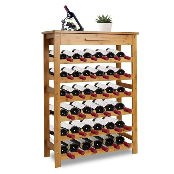 Kinsuite Bamboo Wine Rack Modular Wine Storage Holder Display Shelves for Storing Bottles at Home 36 Bottle Wine Rack Free Standing Floor 6 Shelves with Drawer