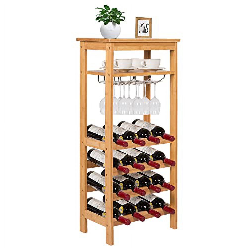 Kinsuite Bamboo Wine Rack Storage Shelf 16 Bottles Free Standing Wine