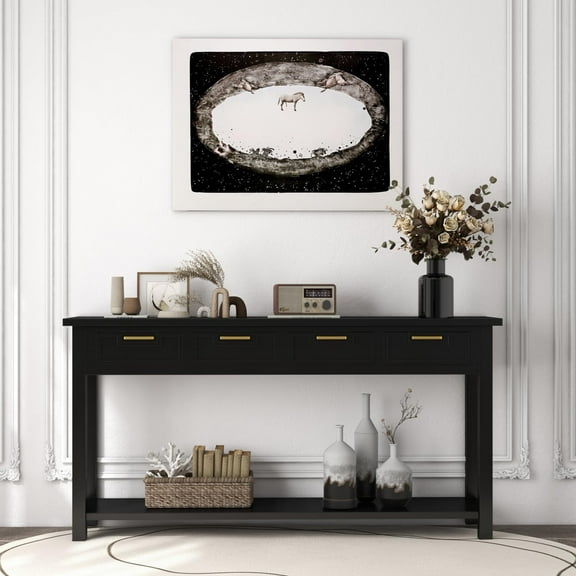 Kinsuite Black Entryway Table with 4 Drawers - Modern Console Table with 1 Bottom Shelf Living Room Furniture Wood Hallway Table Entryway Table for Living Room Bedroom Kitchen, Black