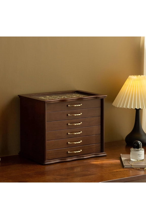 Black Walnet Jewelry Box with Glass Top & 6 Drawers - Handcrafted Vintage Organizer, Gold Hardware, for Necklaces, Rings, Watches - Elegant Display & Storage Chest for Women