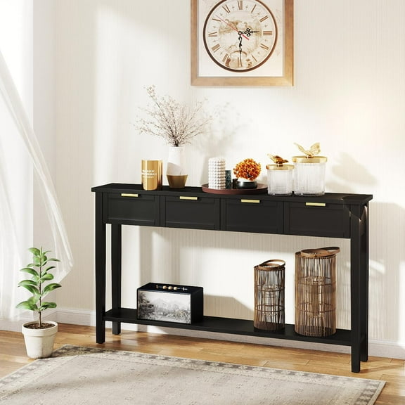 Kinsuite Console Table with 4 Drawers - Wood Hallway Table with 1 Bottom Shelf, Console Table Behind Couch 60 inch Modern Long Sofa Table Entryway Table for Living Room Bedroom, Black