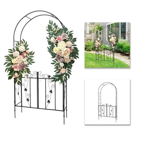 Kinsuite Garden Arch Trellis Arches with Door Metal Wedding Arbors for Various Climbing Plant Outdoor Garden Lawn Backyard, Black