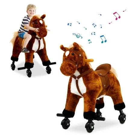 Kinsuite Kids Plush Toy Rocking Horse - Walking Toddler Riding Toy Animal Rocker Brown Pony Ride on Plush with Wheels & Sound