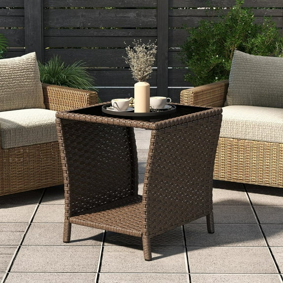 Kinsuite PE Rattan Patio Side Table - Outdoor Wicker End Table with Black Glass Top, Rattan Coffe Table in Iron Frame for Backyard Balcony Poolside, Dark Brown