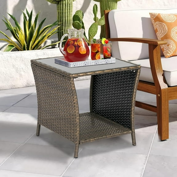 Kinsuite PE Rattan Patio Side Table - Outdoor Wicker End Table with Glass Top, Rattan Coffe Table in Iron Frame for Backyard Balcony Poolside, Dark Blonde
