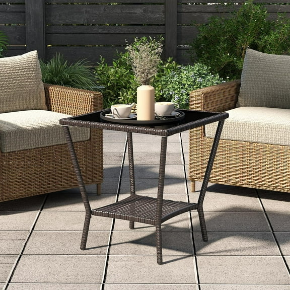 Kinsuite PE Rattan Patio Side Table - Outdoor Wicker End Table with Storage, Black Glass Top, Rattan Coffe Table in Iron Frame for Backyard Balcony Poolside, Black-Brown