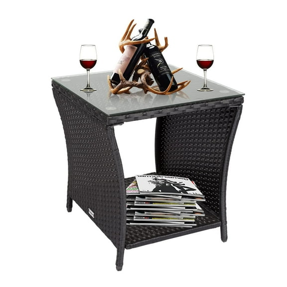 Kinsuite PE Rattan Patio Side Table - Outdoor Wicker End Table with Glass Top, Rattan Coffe Table in Iron Frame for Backyard Balcony Poolside, Black