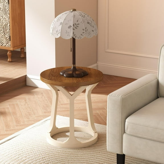 Kinsuite Round End Table - Rustic Natural Top White Side Table, Wooden Night Stand with 3 Legs, 22"H Accent Tables for Living Room Bedroom Office