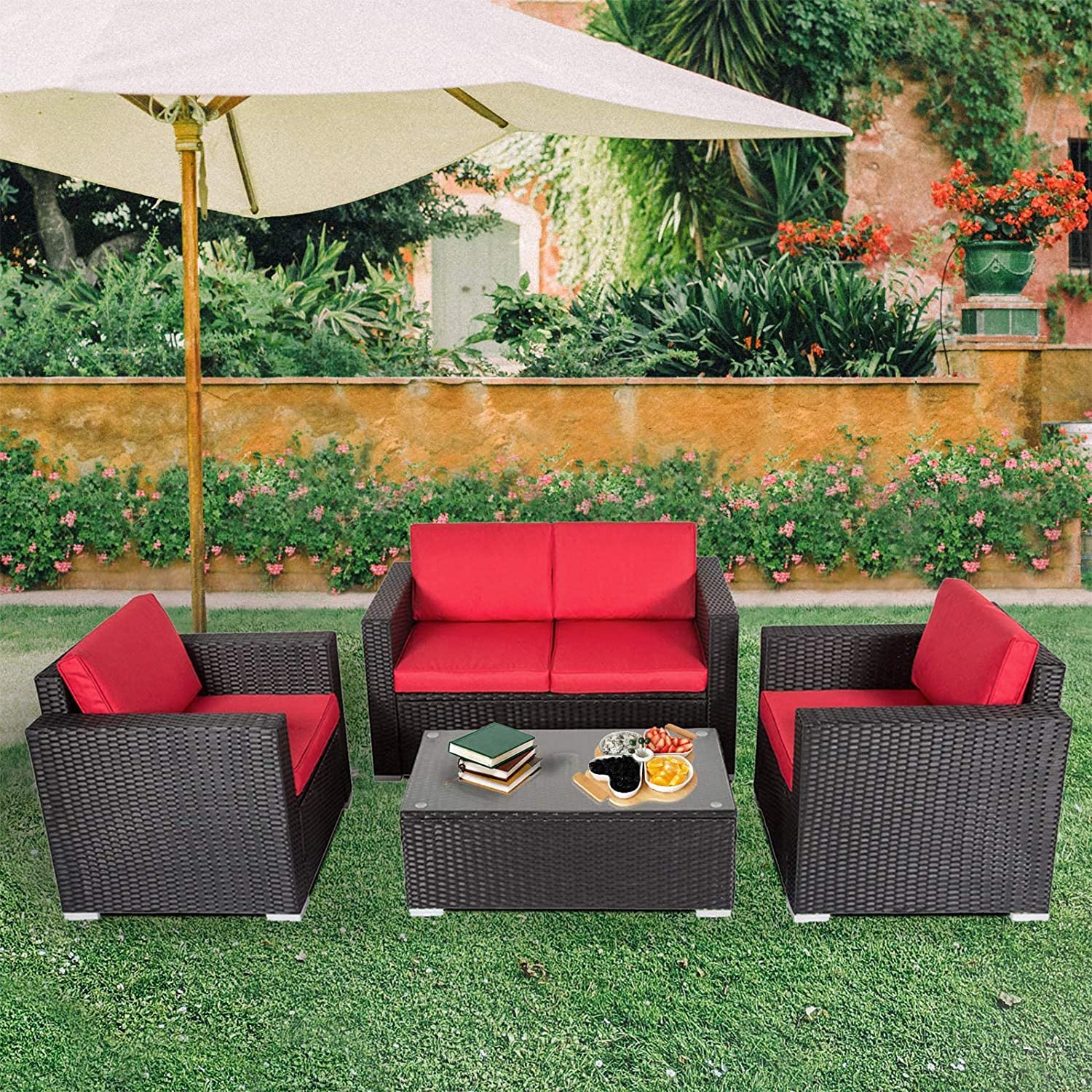 Kinsunny 4 PCs Outdoor Rattan Patio Furniture Set Wicker Conversation