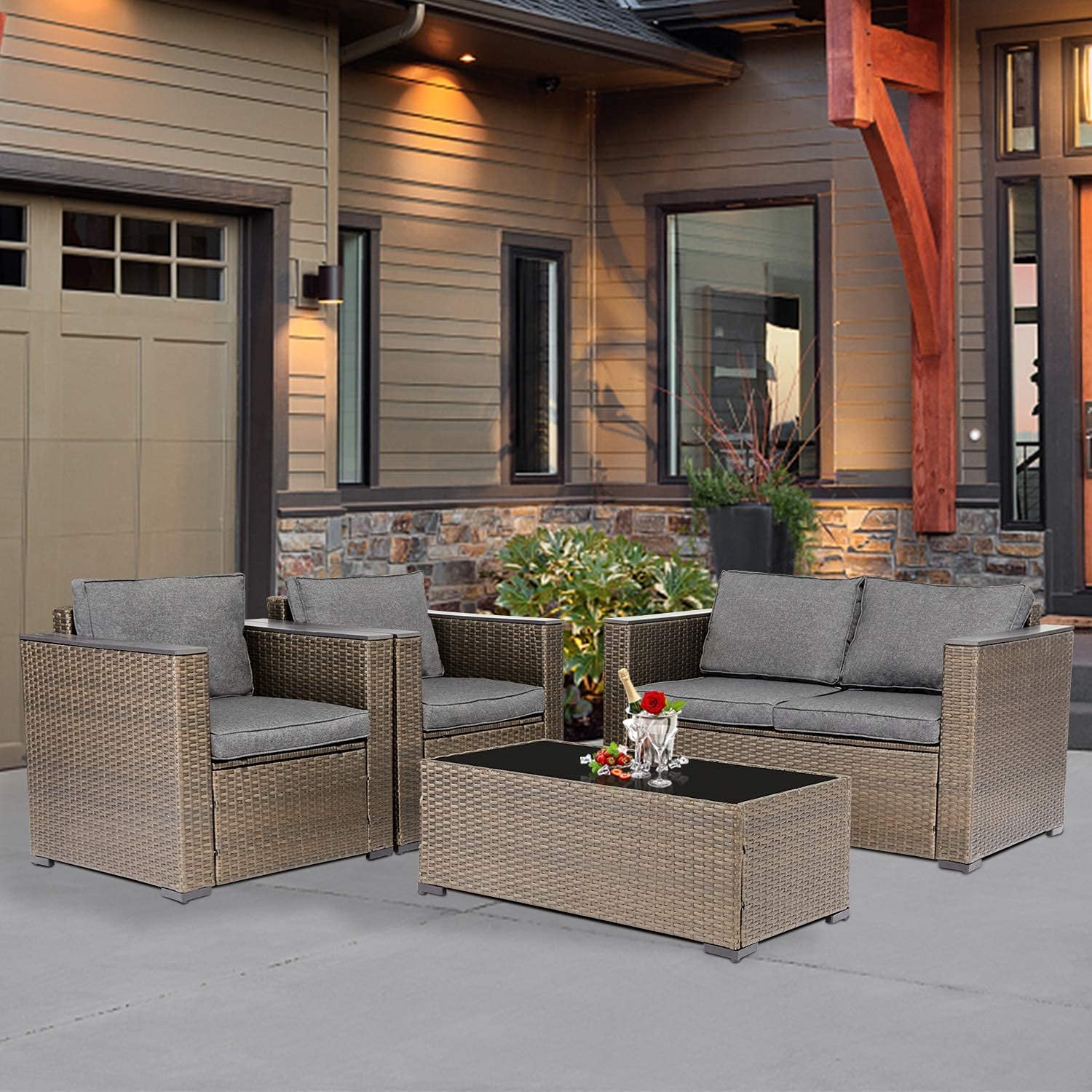 Kinsunny 4 PCs Outdoor Rattan Patio Furniture Set - Wicker Conversation ...