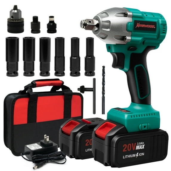 Kinswood Cordless Brushless Motor Lithium-ion Power Impact Wrench kit 1/2" 20V 2 Batteries