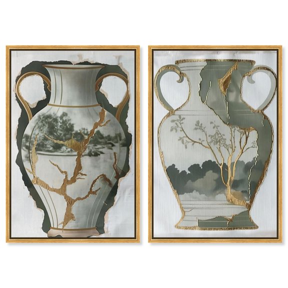 Kintsugi Abstract Set Canvas Print Modern Livingroom Art Set by Art Remedy, Gold Frame, 20 x 30