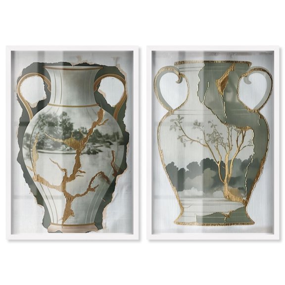 Kintsugi Abstract Set Shadowbox Print Modern Livingroom Art Set by Art Remedy, White Frame, 16 x 24