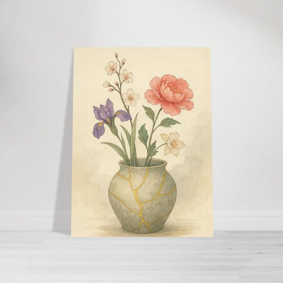 Kintsugi Bloom Vase Wall Art Japanese Floral Poster Wabi Sabi Home Decor, Stretched Canvas 8x10in