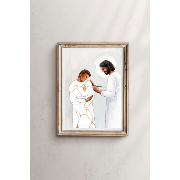 Kintsugi Christ Art Print, Jesus Healing Warm Present Vintage UNFRAMED Poster Size 12x18