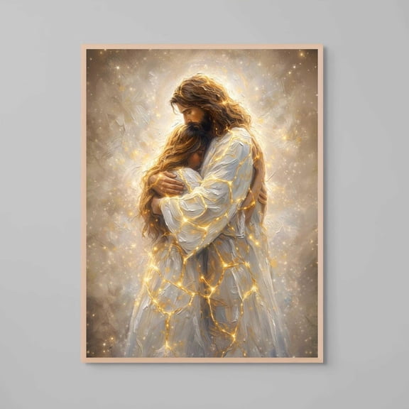 Kintsugi Healing Jesus Hugging Girl Print, Unframed Paper Poster 8x10in