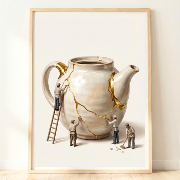 Kintsugi Pot Wall Art Japan Tea Decor Japanese Ceramic Artwork Unique Kitchen Gift